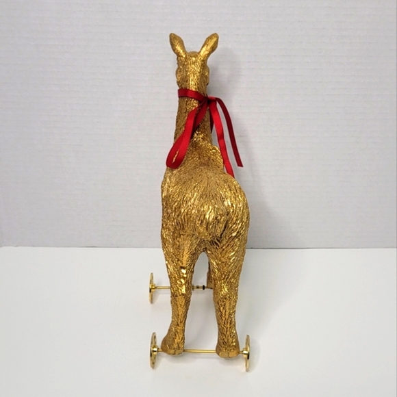 Unique Golden Llama on Wheels Statue with Detachable Red Bow - Picture 3 of 7